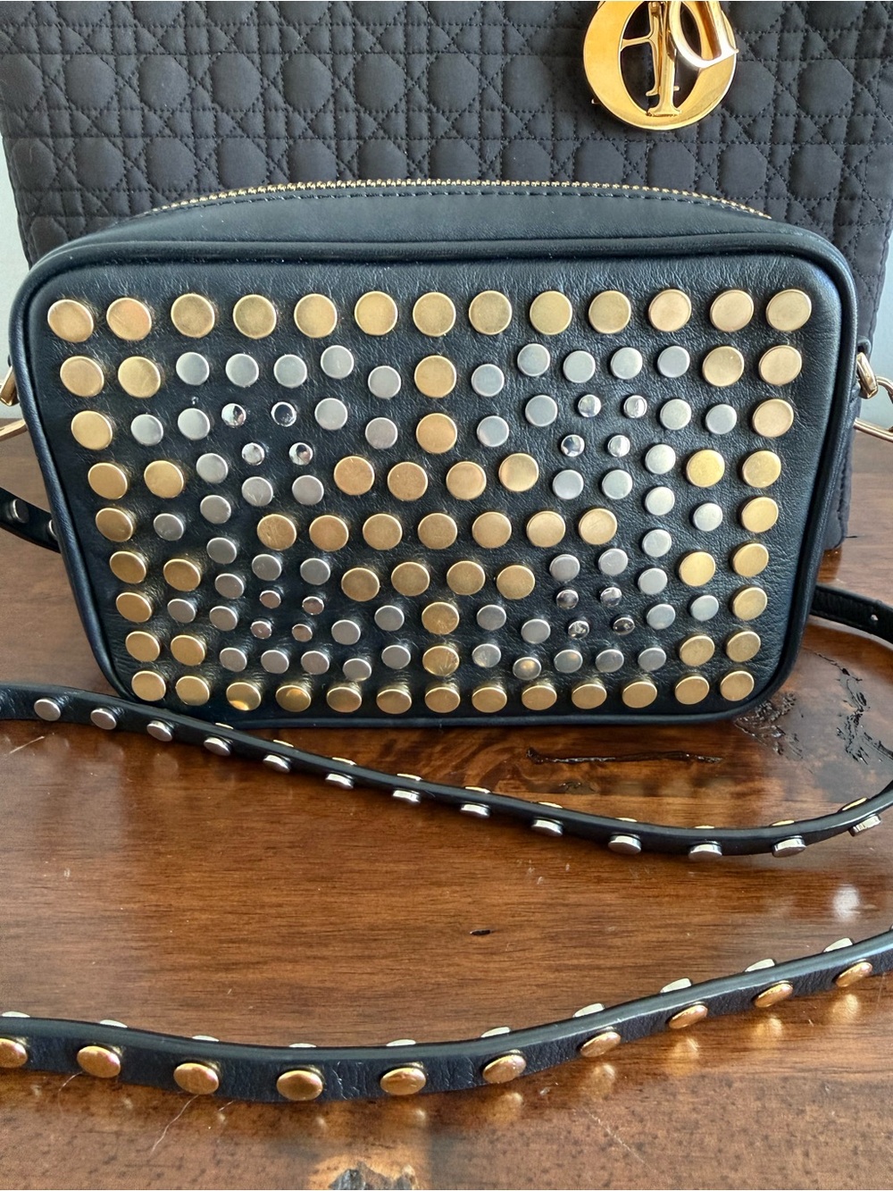 Michael Kors Black Leather Studded Crossbody, Gold And Silver Studs